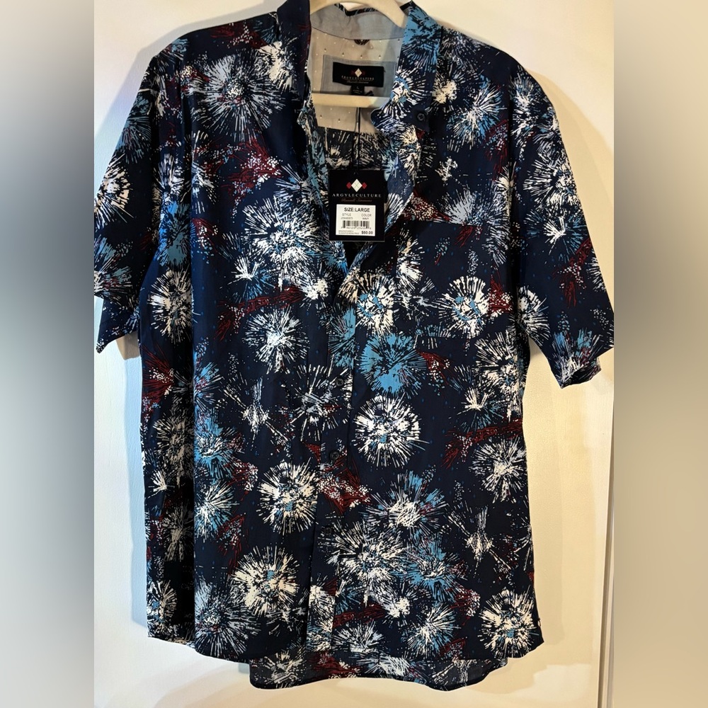 Men's Navy Firework Print Casual Button Shirt NWT